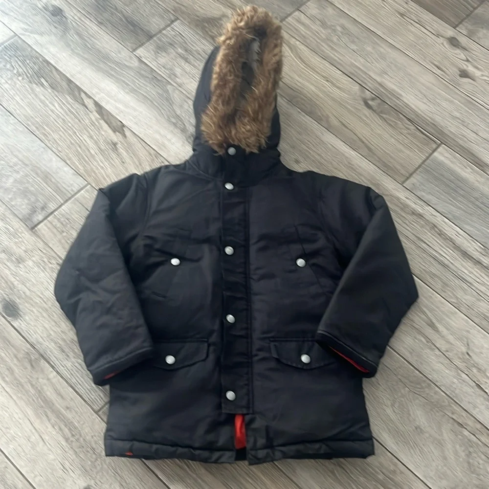 EUC The Children’s Place black hooded fur jacket, sz 7/8
